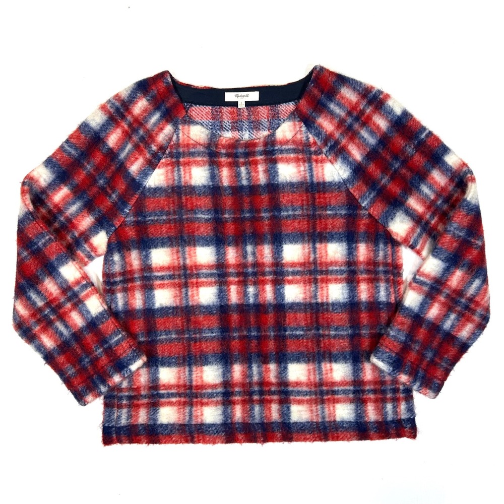 Madewell Women Red Blue Plaid Wool Blend Raglan Pullover Sweater Pockets E5146 S